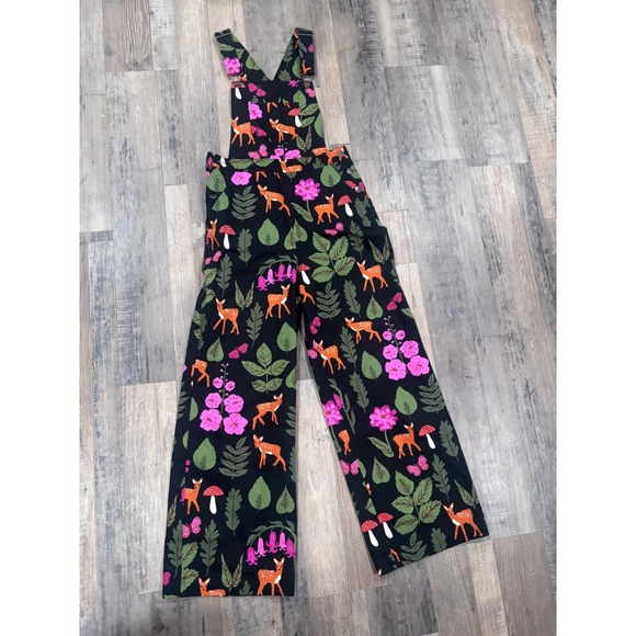 Princess Highway Denim - Princess Highway Woodland Deer Mushroom Wide Leg Overalls Black Pink Womens 6